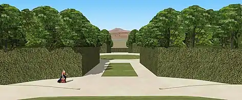 Château d'Issy, restitution de la vue depuis l'allée axée sur le Mont Valérien, état au début XVIIIe siècle.