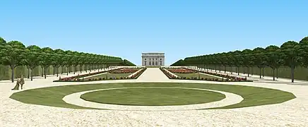 Schéma de la vue sur le château de Chaville édifié par Boullée, fin XVIIIe, du côté du parterre