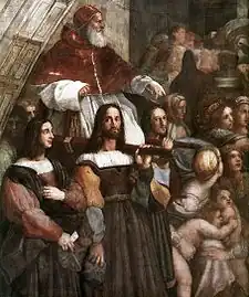 Au sommet de la fresque, le pape Jules II. Héliodore chassé du temple. Chambre d'Héliodore.