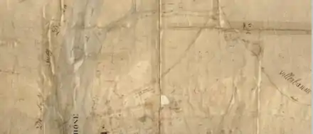 Feuille cadastrale du XIXe siècle scannée : quartier des Brotteaux. Au Nord, le Rhône n'est pas encore endigué ni le parc de la Tête d'Or aménagé. Au Sud, l’urbanisation n'est présente qu'en bord de fleuve, le reste du quartier étant encore désert.