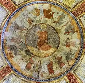 Autour de saint Étienne en prière, saint Paul tenant une épée levée et treize personnages de la société médiévale.