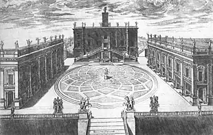 Piazza del Campidoglio, de Michel-Ange, sur le Capitole (1538-1546). Gravure de 1568.