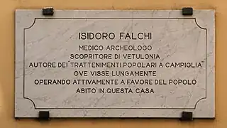 Plaque à Isidoro Falchi, Campiglia Marittima.