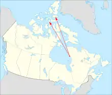Une carte du Canada montrant deux flèches partant d’un même point et aboutissant beaucoup plus au nord.