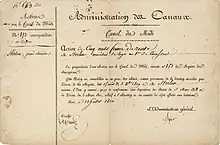 Action du Canal du Midi de 500 francs, émise à Paris le 10 juillet 1810 au nom du quartier-maître du 1er régiment de cuirassiers Monsieur Sterlin. Fondée le 10 mars 1810 par Napoléon Bonaparte au capital de 10 millions de francs, divisé en 1000 actions de 10.000 francs chacune, avec un dividende annuel fixe de 500 francs.