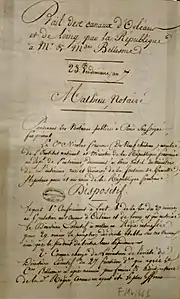 Reproduction d’un document manuscrit écrit à la plume représentant le bail du 23 vendémiaire an 7 confiant la gestion du Canal d’Orléans à la famille Bellesme