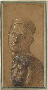 Tête d'homme et tête de lion, entre 1495-1516, 23,2 × 12,1 cm, pinceau et lavis brun et pierre noire, avec rehauts de gouache blanche sur papier vergé brun de lumière, Musée d'art de l'université de Princeton.