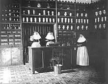 Religieuses debout dans une ancienne pharmacie