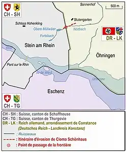 Différentes zones territoriales et cours d'eau figurés par des aplats de couleurs.