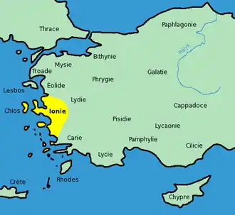 Carte représentant la position de l'Ionie en Asie mineure