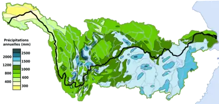 Précipitations annuelles moyennes sur le bassin versant du Yangtsé.