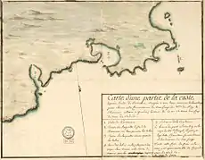 Autre carte dressée en 1735 pour relater le naufrage. Elle localise aussi où furent trouvées certaines victimes.