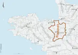 Carte représentant la localisation des divers peuples gaulois avant la conquête romaine, mettant en avant le territoire des Riedones.