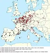 Carte des rues des Juifs (ou équivalents) dans divers pays européens