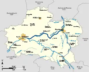 Carte du département du Loiret présentant le système hydrographique principal du Loiret représenté par un triangle d’eau : la Loire et ses affluents formant un des côtés du triangle de Orléans à Briare, le canal de Briare et le Loing et ses affluents formant le côté est vertical du triangle, de Briare à Montargis, et enfin le canal d’Orléans formant le troisième côté du triangle, de Montargis à Orléans