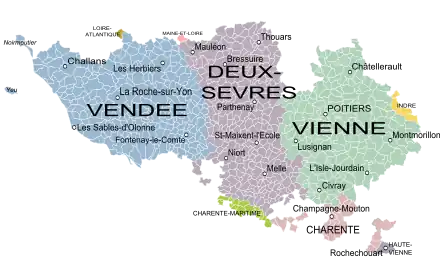 La province du Poitou au XVIIIe siècle et les communes actuelles. La partie orientale du Bas-Poitou a été intégrée aux Deux-Sèvres