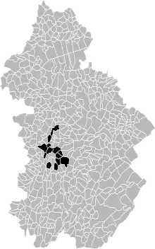 Carte représentant en noir les communes recelant de la houille.