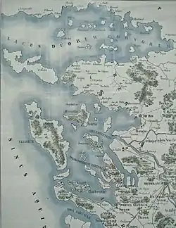 Carte du pays de Santones sous les Romains avec le golfe des Pictons au nord, appelé Lacus Duorum Corvorum ; on reconnait sur la gauche les îles d'Oléron et de Ré.