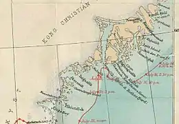 Carte en couleurs et légendée représentant le littoral d'une île.