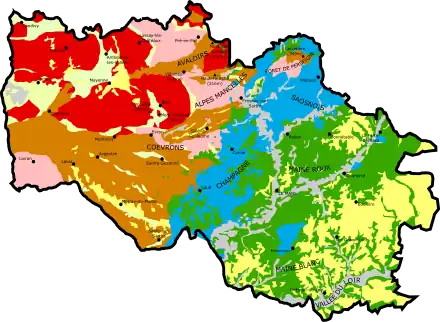 Carte illustrant la composition géologique du sous-sol du Maine.