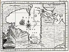 Carte parue en 1722 pour suivre la campagne du Pélican dans la baie d'Hudson en 1697.