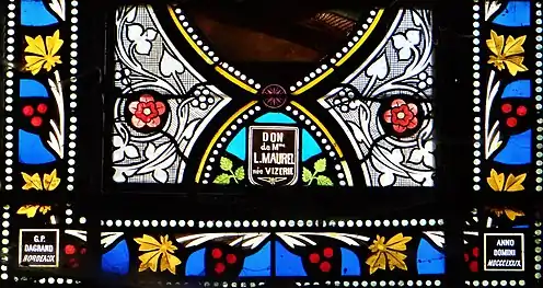 Signature du maître verrier Dagrand(t), 1879 et donatrice.