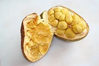 Fruit de Cempédak ouvert.