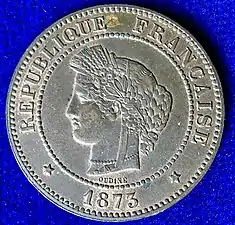 Pièce de 5 centimes type Cérès (bronze, 1873).