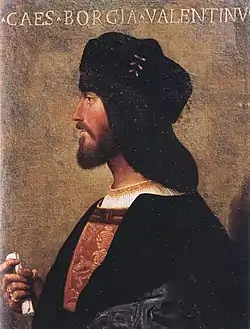 Portait peint en buste d'un homme vu de profil. Les mots« CAES.BORGIA.VALENTINU » sont écrits en haut.