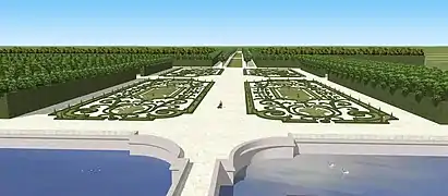 Restitution de la vue sur le grand parterre du château de Bellegarde depuis le deuxième étage, vers 1720.