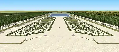 Restitution 3D de la grande perspective des jardins du château de Pontchartrain, début du XVIIIe siècle.