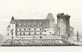 Dessin en noir et blanc d'un vieux château.