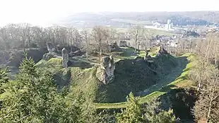 English: Château médiéval Anglo/Normand XIe/ XIIe contemporain de la période ducale. Inscrit à l'inventaire supplémentaire des monuments historiques, édifice implanté sur 4,6 hectares. Importants vestiges de tours, courtines, donjon, basses cours et fossés.