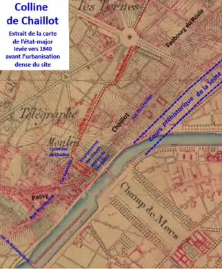 Site de la colline de Chaillot vers 1840 sur carte d'état major.