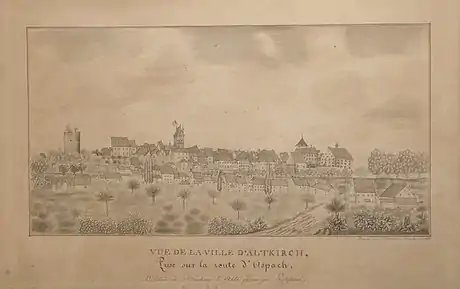 Vue d'Altkirch prise du chemin d'Aspach, dessin à la plume et lavis, 1832