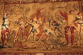 Photographie en couleurs d'une tapisserie ancienne.