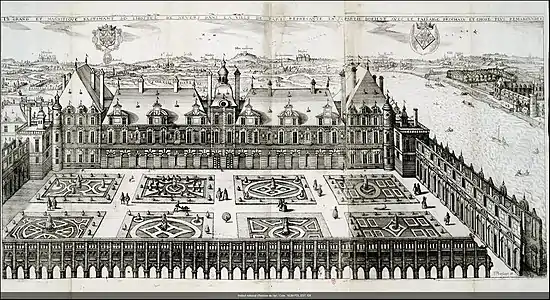 Claude Chastillon, Le grand et magnifique bastimant de l'Hostel de Nevers dans la ville de paris représanté en sa partie d'Orient avec le paisaige prochain et chose plus remarquable, gravure d'apr. son dessin, avant 1616, INHA.