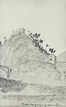 Dessin d'une colline avec château et arbres