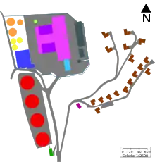 Plan en couleur des différents bâtiments.