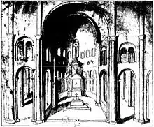 Gravure d'un dessin représentant l'intérieur du chœur d'une grande église romane à déambulatoire