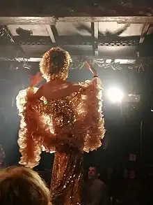 Une artiste, de dos et dans une tenue dorée, fait son numéro un soir Chez Maman.