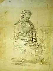 Femme épluchant devant l'âtre, dessin, musée de Nogent-le-Rotrou.