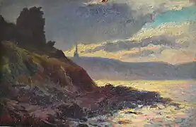 Perros-Guirec, le clocher de la Clarté vu de la route de Trestrignel, huile sur panneau 16 cm x 24 cm, vers 1910. Coll. particulière