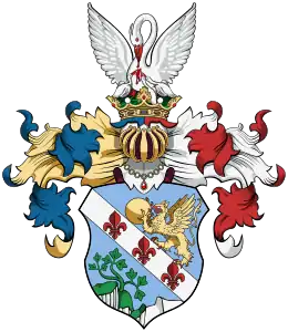 Blason de la famille rozsnyóbányai Ujházy (et la ville de Rozsnyóbánya) de 1609.