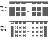 Sur ce schéma, les piliers et les parois de la galerie sont simplifiés sous la forme de formes géométriques en gris, disposées régulièrement : de grandes parois qui encadrent  des piliers. Entre la première image et la seconde, les piliers comme les parois ont été réduits dans toutes les directions, réduisant leur largeur.