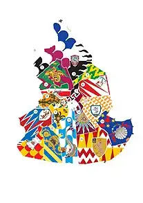 Contrada : (1) Istrice - Porc-épic, (2) Drago - Dragon, (3) Luva - Louve, (4) Oca - Oie, (5) Bruco - Chenille, (6) Giraffa – Girafe, (7) Civetta - Chouette, (8) Selva – Forêt, (9) Aquila – Aigle, (10) Leocorno – Licorne, (11) Pantera – Panthère, (12) Torre – Tour, (13) Onda – L’Onde, (14) Nicchio – Coquille, (15) Tartuca – Tortue, (16) Valdimontone – Bélier, (17) Chiocciola – Escargot.