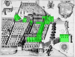 Ancien dessin d'un abbaye dont les vestiges sont surlignés en vert.