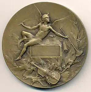 Orphée endort Cerbère aux sons de sa lyre, médaille en bronze, 68 mm, grand prix de Rome de 1893. Revers.
