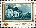 Reproduction sur timbre d'un tableau représentant un paysage et une maison sur la gauche
