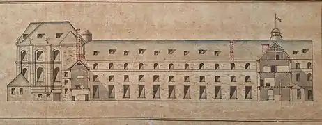 Schéma de coupe de l'école de Saint-Cyr du côté de l'entrée, XVIIIe siècle, localisation inconnue